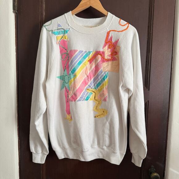 80s Vintage Marcia White and Neon Spandex Sequin Sweatshirt Oversized | Medium - Picture 1 of 6